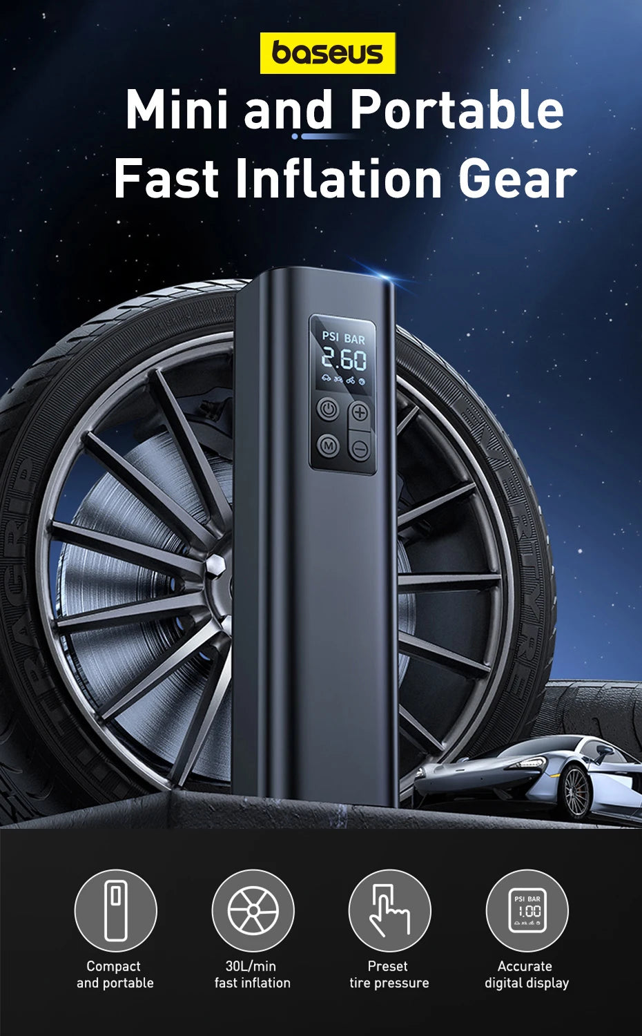 BASEUS Mini Portable Car Tire Inflator Smart Digital Inflatable Pump